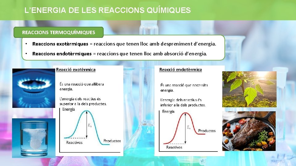 L’ENERGIA DE LES REACCIONS QUÍMIQUES REACCIONS TERMOQUÍMIQUES • Reaccions exotèrmiques = reaccions que tenen