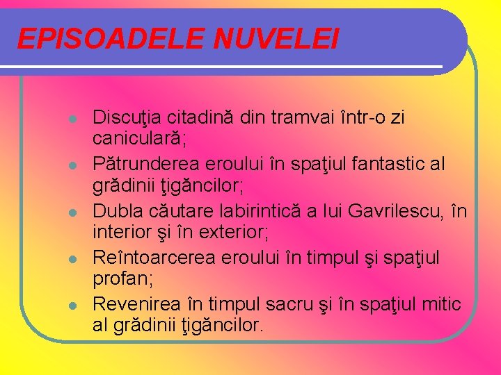 EPISOADELE NUVELEI l l l Discuţia citadină din tramvai într-o zi caniculară; Pătrunderea eroului