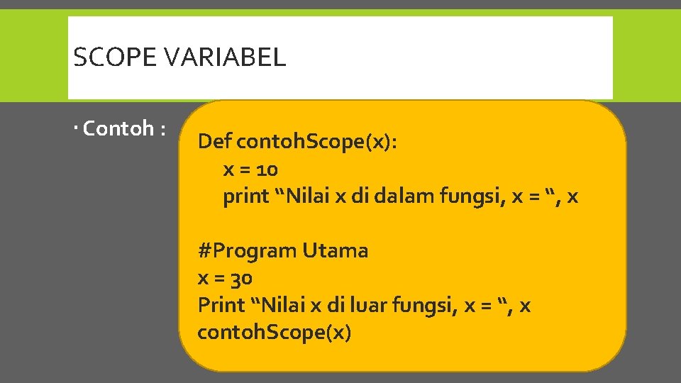 SCOPE VARIABEL Contoh : Def contoh. Scope(x): x = 10 print “Nilai x di