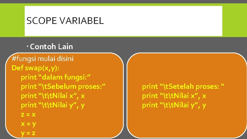 SCOPE VARIABEL Contoh Lain #fungsi mulai disini Def swap(x, y): print “dalam fungsi: ”