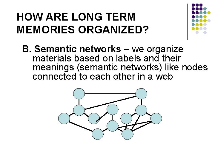 HOW ARE LONG TERM MEMORIES ORGANIZED? B. Semantic networks – we organize materials based HOW ARE LONG TERM MEMORIES ORGANIZED? B. Semantic networks – we organize materials based