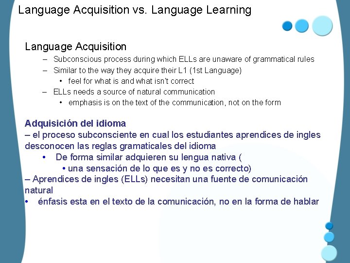Language Acquisition vs. Language Learning Language Acquisition – Subconscious process during which ELLs are