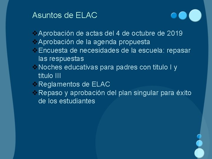 Asuntos de ELAC v. Aprobación de actas del 4 de octubre de 2019 v.