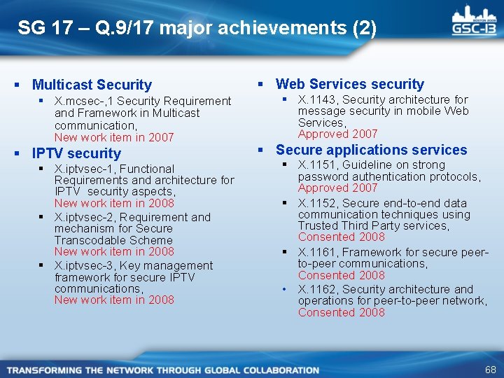SG 17 – Q. 9/17 major achievements (2) § Multicast Security § X. mcsec-,