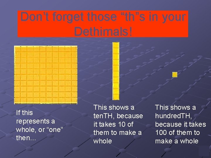 Don’t forget those “th”s in your Dethimals! If this represents a whole, or “one”