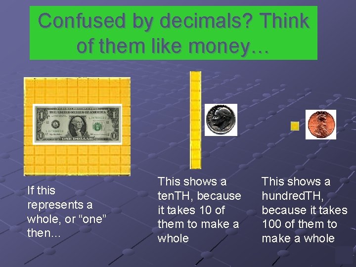 Confused by decimals? Think of them like money… If this represents a whole, or