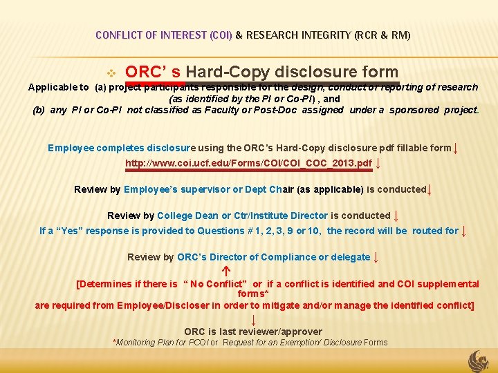 CONFLICT OF INTEREST (COI) & RESEARCH INTEGRITY (RCR & RM) v ORC’ s Hard-Copy