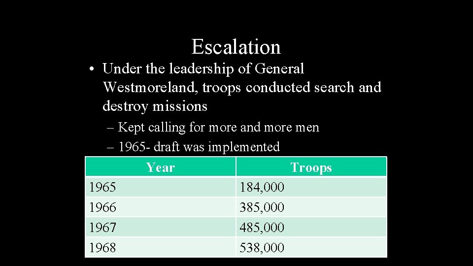 Escalation • Under the leadership of General Westmoreland, troops conducted search and destroy missions