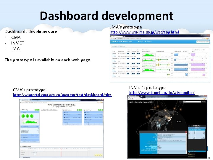 Dashboard development Dashboards developers are - CMA - INMET - JMA’s prototype http: //www.