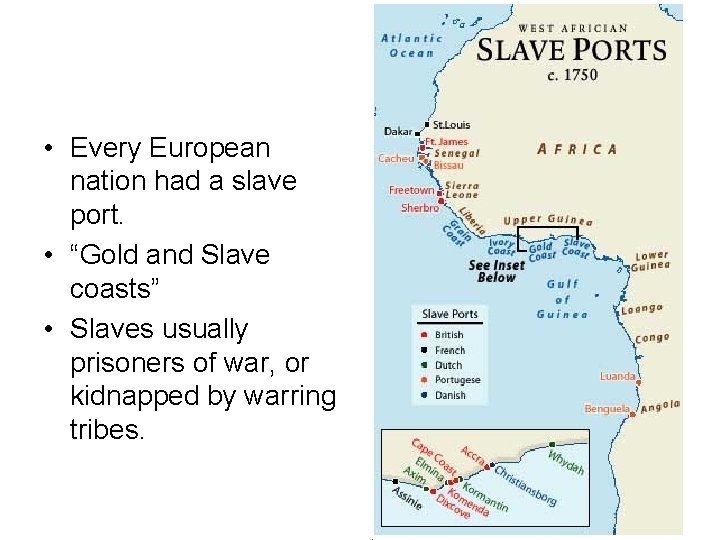  • Every European nation had a slave port. • “Gold and Slave coasts”