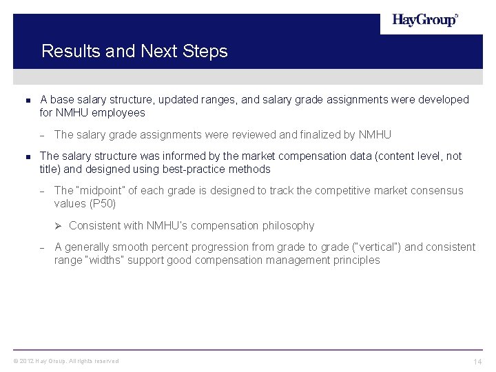 Results and Next Steps A base salary structure, updated ranges, and salary grade assignments