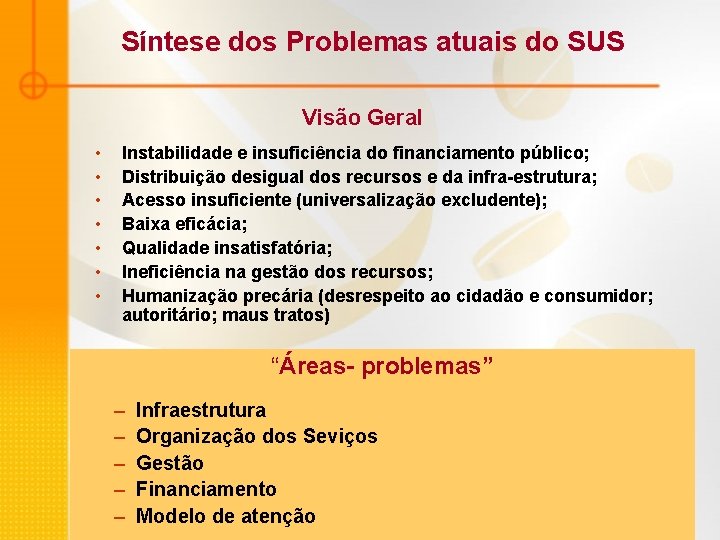 Síntese dos Problemas atuais do SUS Visão Geral • • Instabilidade e insuficiência do