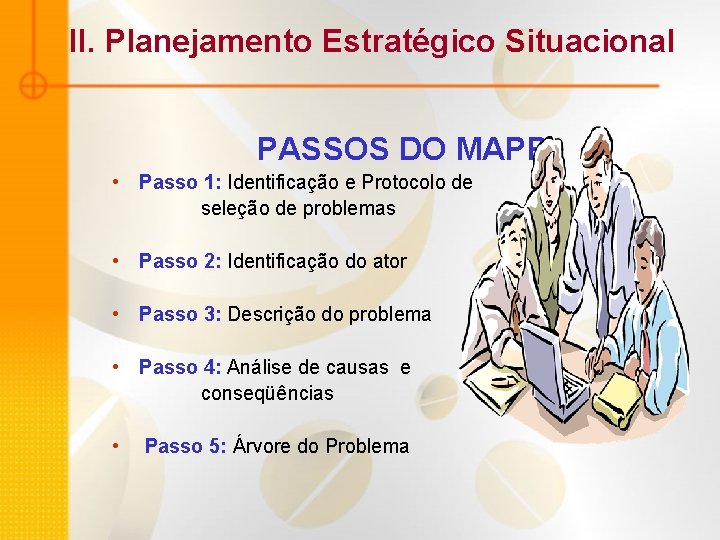 II. Planejamento Estratégico Situacional PASSOS DO MAPP • Passo 1: Identificação e Protocolo de