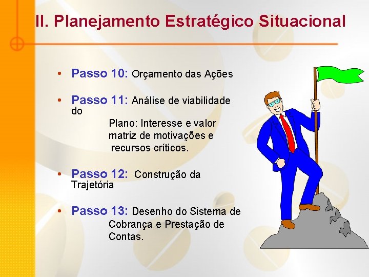 II. Planejamento Estratégico Situacional • Passo 10: Orçamento das Ações • Passo 11: Análise