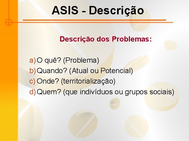 ASIS - Descrição dos Problemas: a) O quê? (Problema) b) Quando? (Atual ou Potencial)