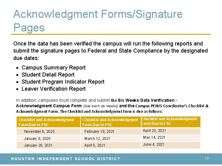 Acknowledgment Forms/Signature Pages Once the data has been verified the campus will run the