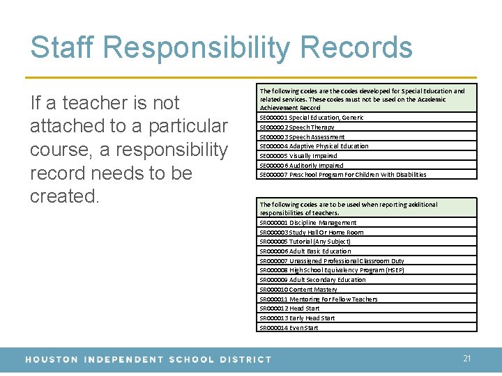 Staff Responsibility Records If a teacher is not attached to a particular course, a