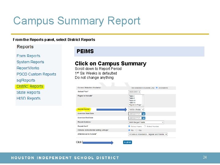 Campus Summary Report From the Reports panel, select District Reports PEIMS Click on Campus