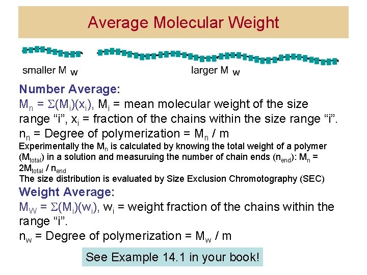 Average Molecular Weight Number Average: Mn = (Mi)(xi), Mi = mean molecular weight of