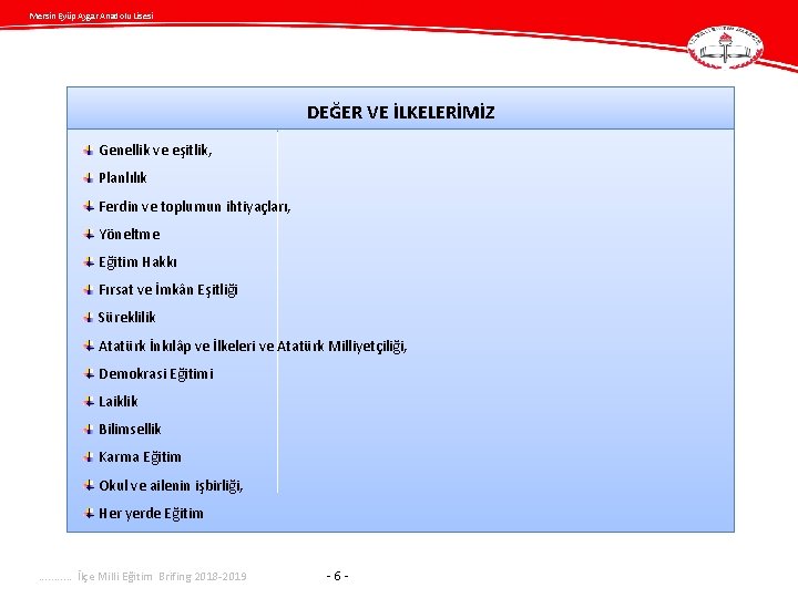 Mersin Eyüp Aygar Anadolu Lisesi DEĞER VE İLKELERİMİZ Genellik ve eşitlik, Planlılık Ferdin ve