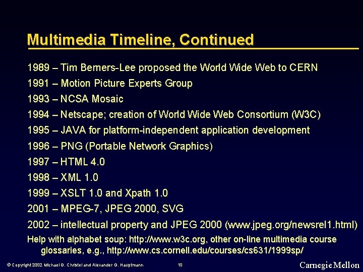 Multimedia Timeline, Continued 1989 – Tim Berners-Lee proposed the World Wide Web to CERN