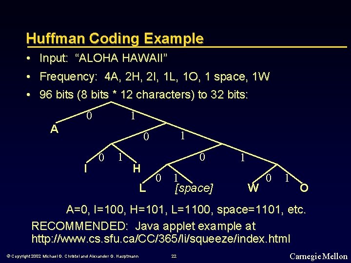 Huffman Coding Example • Input: “ALOHA HAWAII” • Frequency: 4 A, 2 H, 2