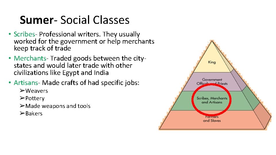 Sumer- Social Classes • Scribes- Professional writers. They usually worked for the government or