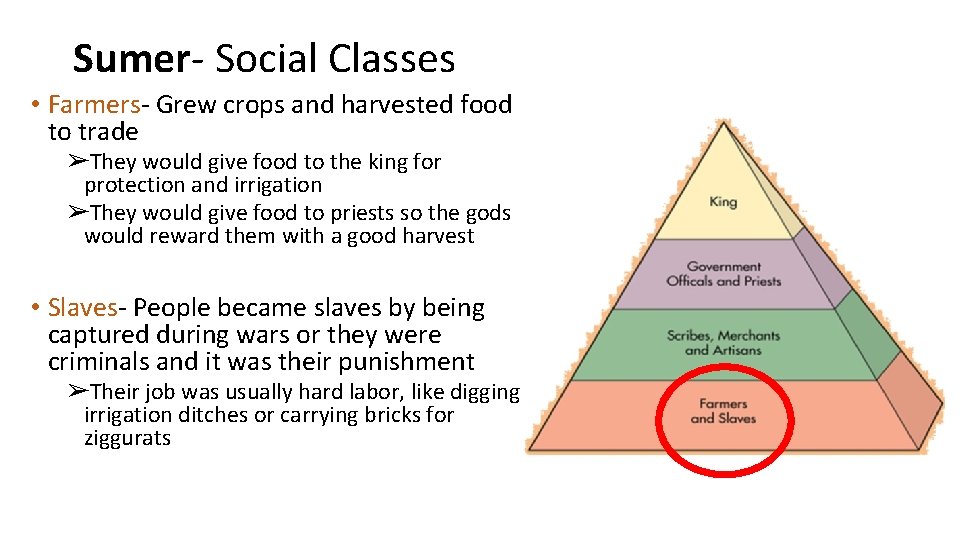Sumer- Social Classes • Farmers- Grew crops and harvested food to trade ➢They would