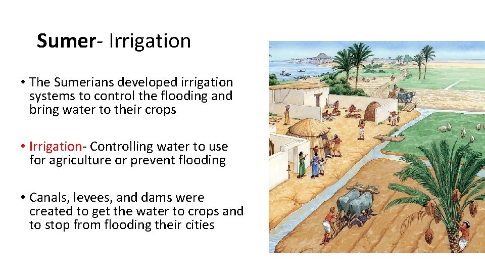 Sumer- Irrigation • The Sumerians developed irrigation systems to control the flooding and bring
