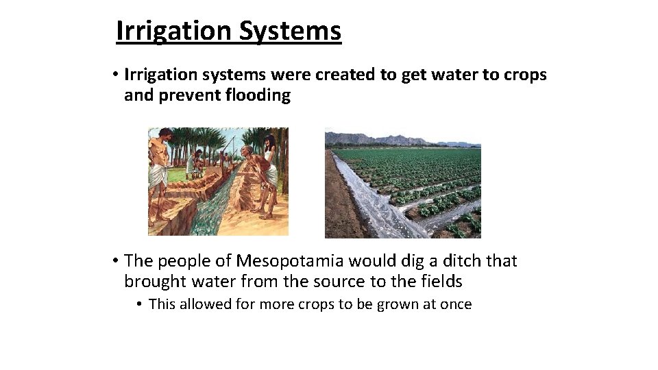 Irrigation Systems • Irrigation systems were created to get water to crops and prevent