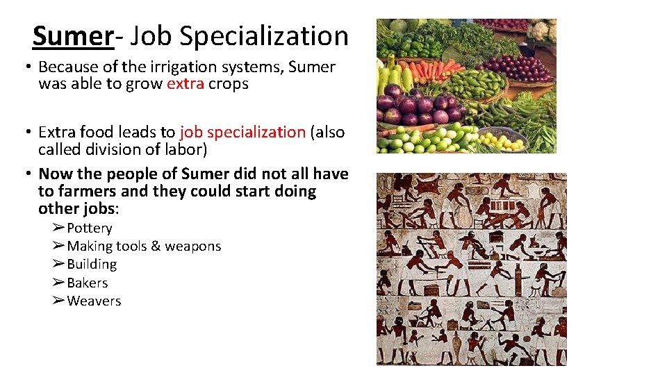 Sumer- Job Specialization • Because of the irrigation systems, Sumer was able to grow