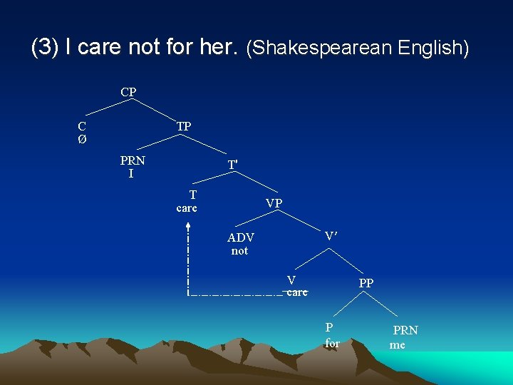 (3) I care not for her. (Shakespearean English) CP C Ø TP PRN I