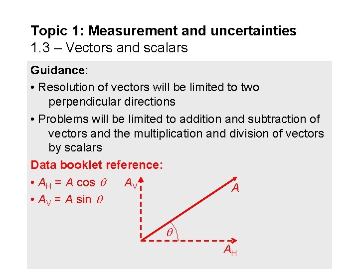 Topic 1: Measurement and uncertainties 1. 3 – Vectors and scalars Guidance: • Resolution