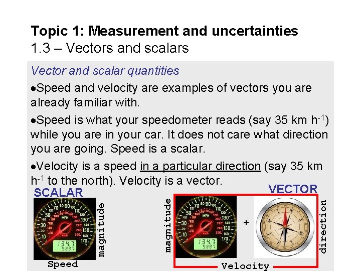 Topic 1: Measurement and uncertainties 1. 3 – Vectors and scalars Speed + Speed