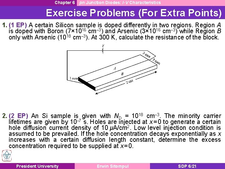 Chapter 6 pn Junction Diodes: I-V Characteristics Exercise Problems (For Extra Points) 1. (1