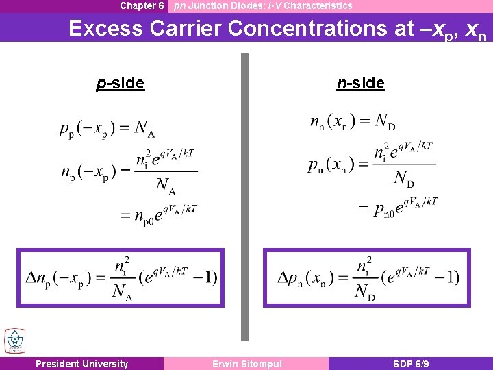 Chapter 6 pn Junction Diodes: I-V Characteristics Excess Carrier Concentrations at –xp, xn p-side