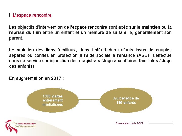 I L'espace rencontre Les objectifs d’intervention de l'espace rencontre sont axés sur le maintien