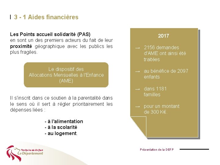 I 3 - 1 Aides financières Les Points accueil solidarité (PAS) en sont un