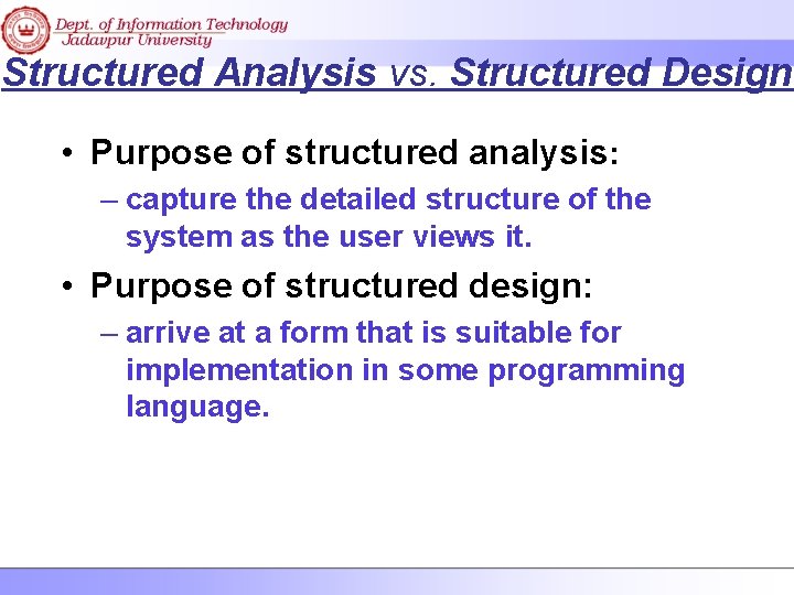 Structured Analysis vs. Structured Design • Purpose of structured analysis: – capture the detailed