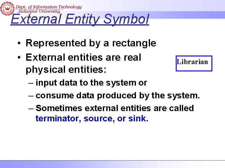 External Entity Symbol • Represented by a rectangle • External entities are real physical