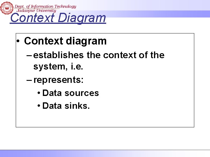Context Diagram • Context diagram – establishes the context of the system, i. e.