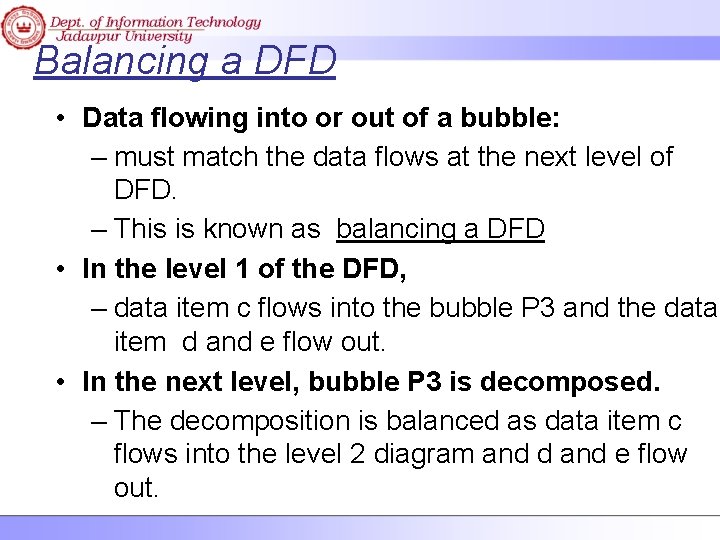 Balancing a DFD • Data flowing into or out of a bubble: – must