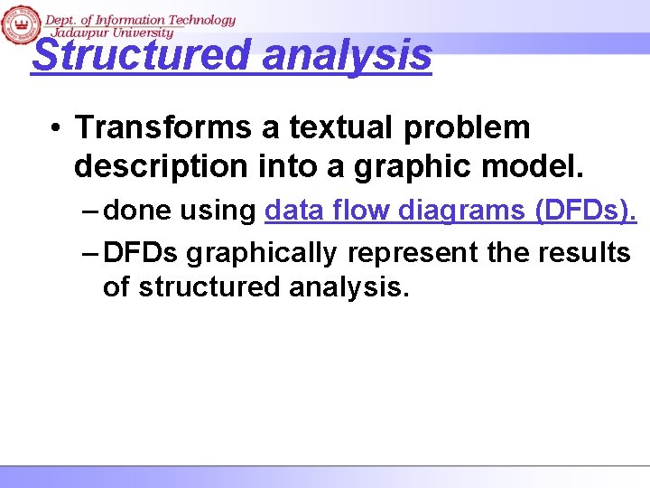 Structured analysis • Transforms a textual problem description into a graphic model. – done