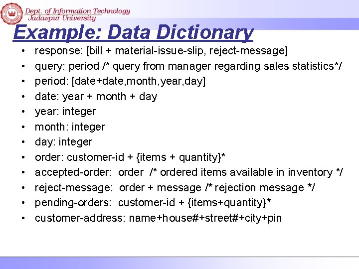 Example: Data Dictionary • • • response: [bill + material-issue-slip, reject-message] query: period /*