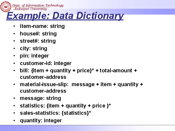 Example: Data Dictionary • • • item-name: string house#: string street#: string city: string