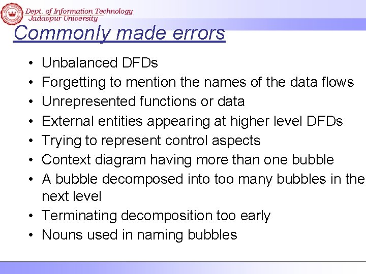 Commonly made errors • • Unbalanced DFDs Forgetting to mention the names of the