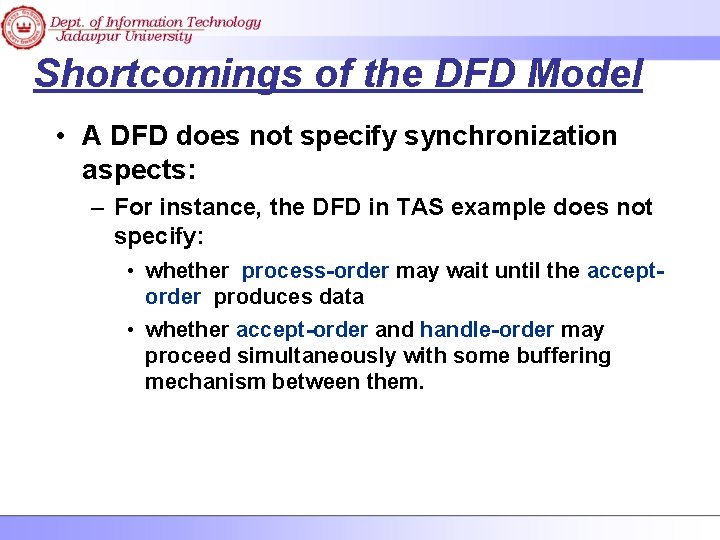 Shortcomings of the DFD Model • A DFD does not specify synchronization aspects: –