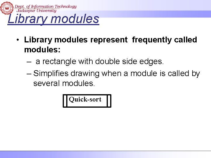 Library modules • Library modules represent frequently called modules: – a rectangle with double