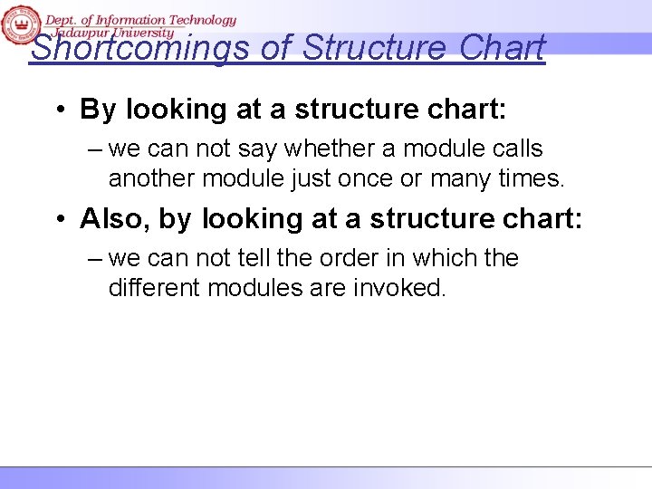 Shortcomings of Structure Chart • By looking at a structure chart: – we can
