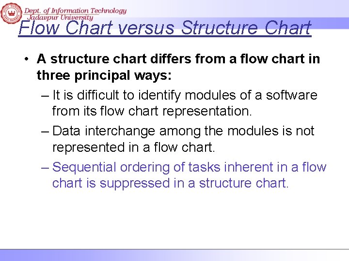 Flow Chart versus Structure Chart • A structure chart differs from a flow chart